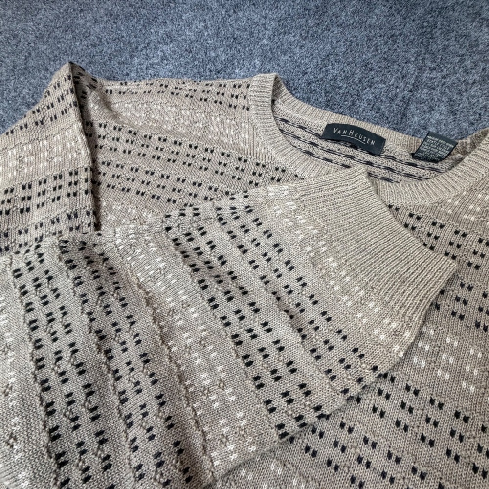 VTG Van Heusen Mens XL Sweater Tan Geometric Knit Ramie Cotton Crewneck Pullover